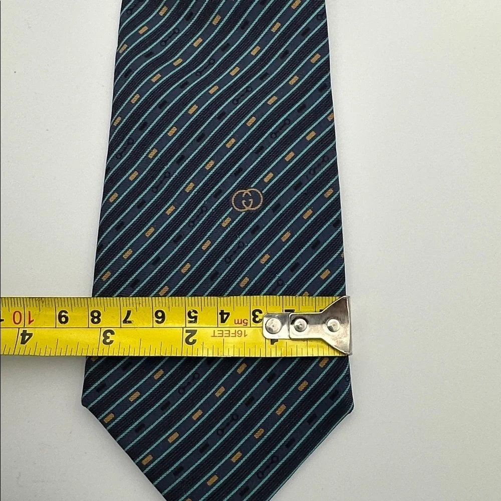 Gucci Vintage Silk Printed Tie Blue Black 57” Long